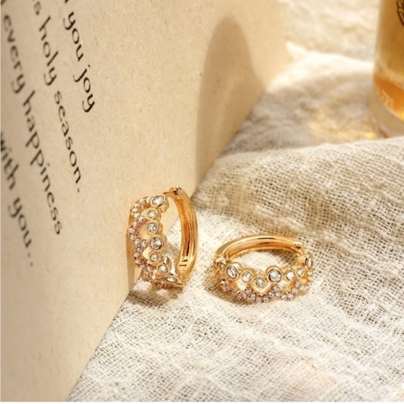 GOLD 14k Gold Plated Cubic Zirconia Crown Hoop Earrings - Picture 1 of 4